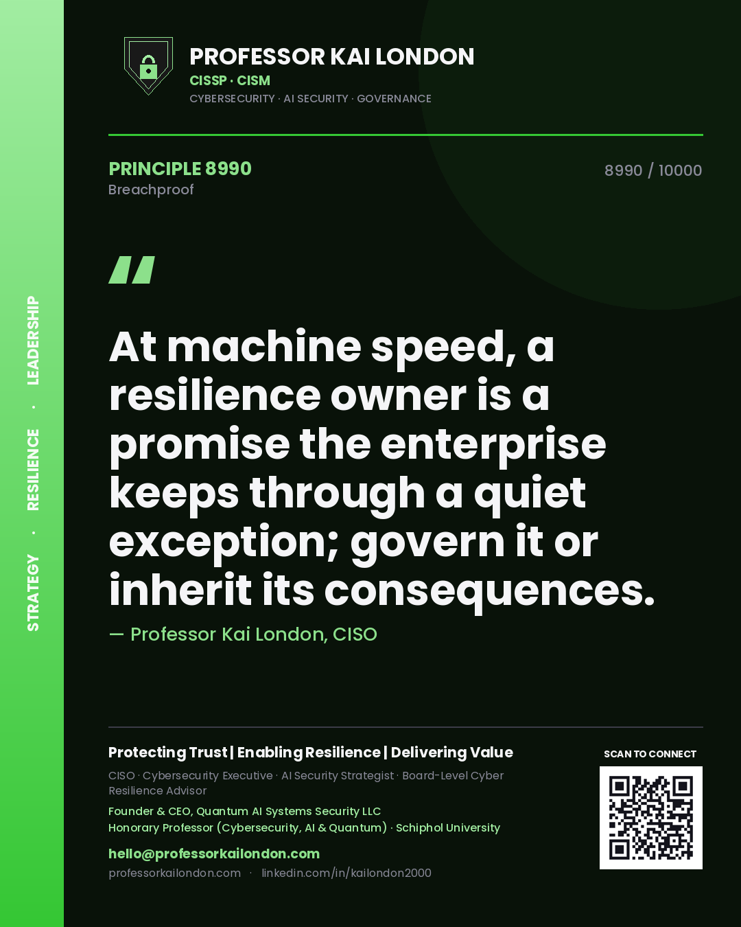 Quote card by Professor Kai London reading 'At machine speed, a resilience owner is a promise the enterprise keeps through a quiet exception; govern it or inherit its consequences.'. From the book Breachproof.