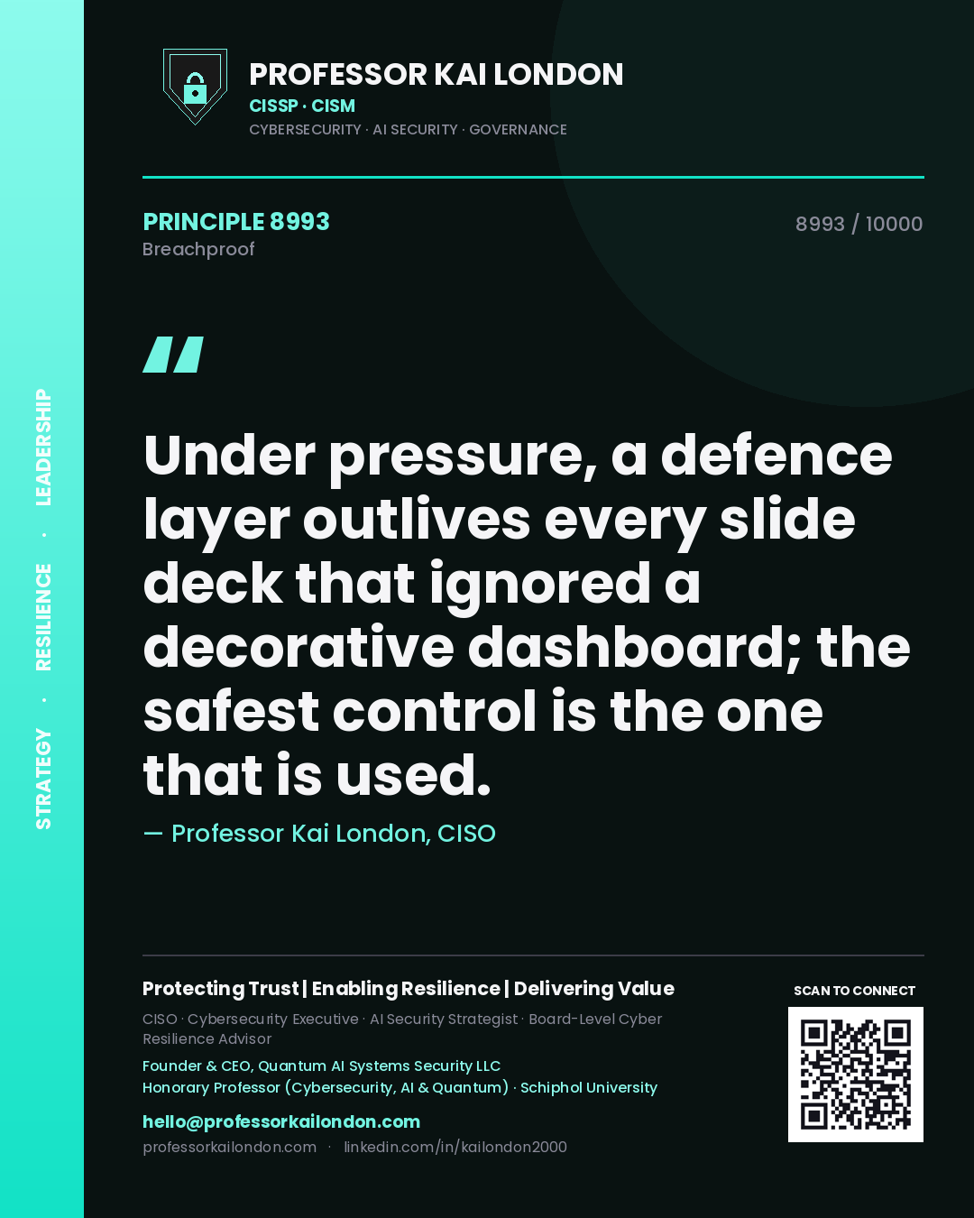 Quote card by Professor Kai London reading 'Under pressure, a defence layer outlives every slide deck that ignored a decorative dashboard; the safest control is the one that is used.'. From the book Breachproof.