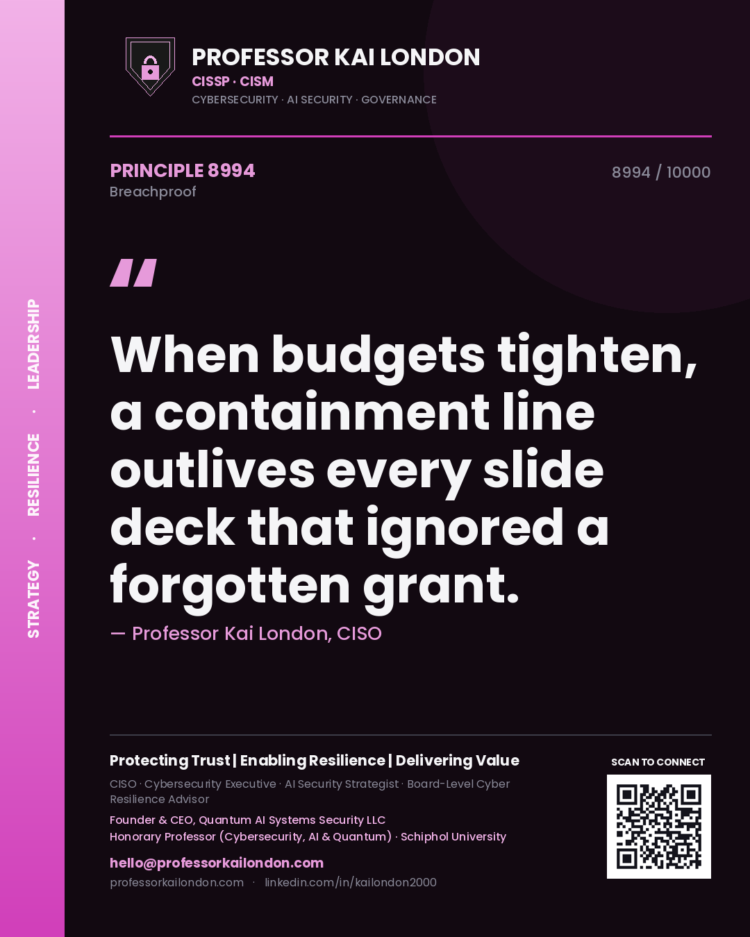 Quote card by Professor Kai London reading 'When budgets tighten, a containment line outlives every slide deck that ignored a forgotten grant.'. From the book Breachproof.