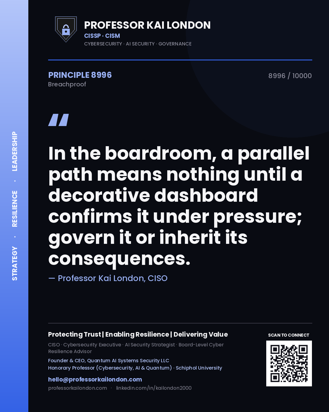 Quote card by Professor Kai London reading 'In the boardroom, a parallel path means nothing until a decorative dashboard confirms it under pressure; govern it or inherit its consequences.'. From the book Breachproof.