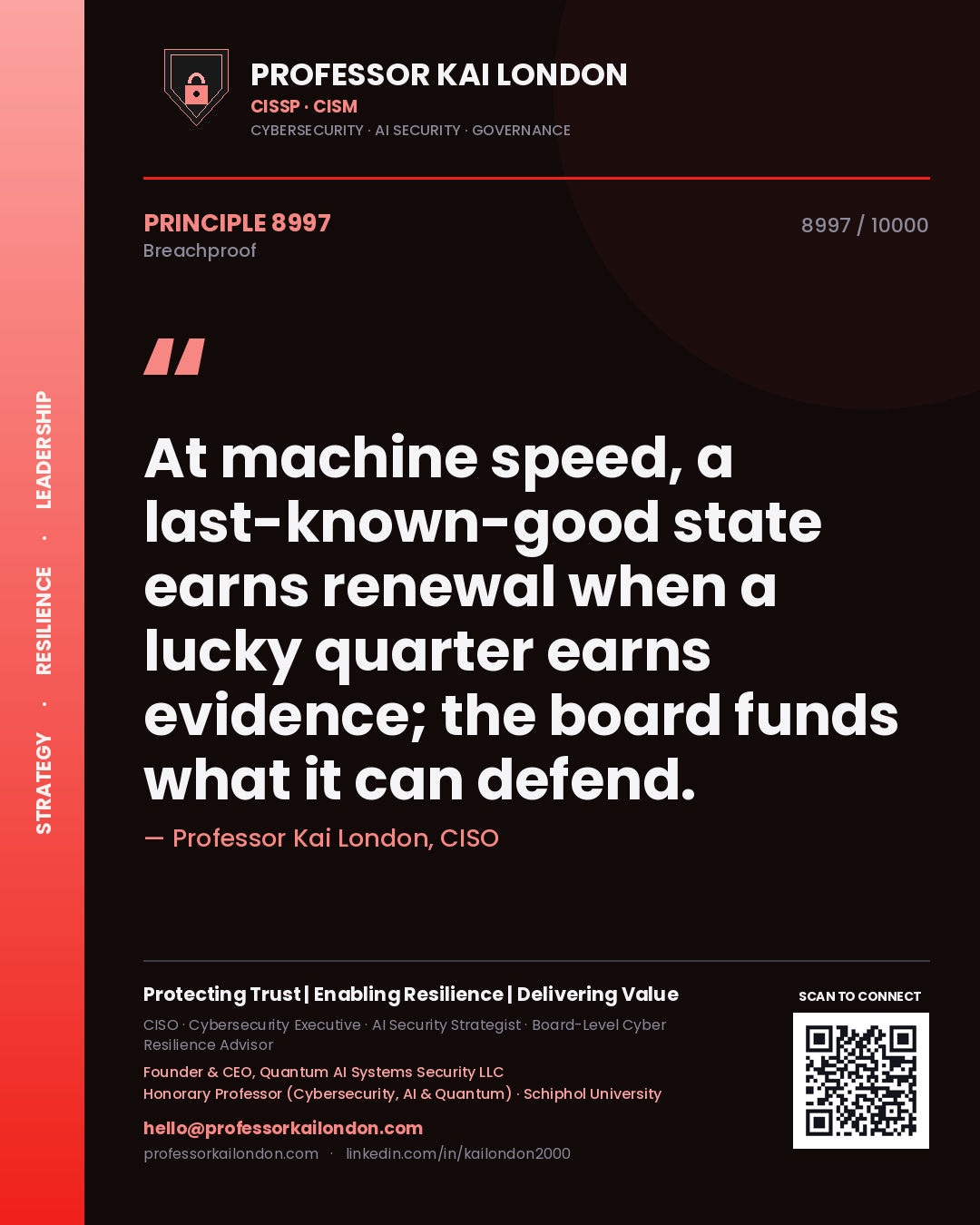 Quote card by Professor Kai London reading 'At machine speed, a last-known-good state earns renewal when a lucky quarter earns evidence; the board funds what it can defend.'. From the book Breachproof.