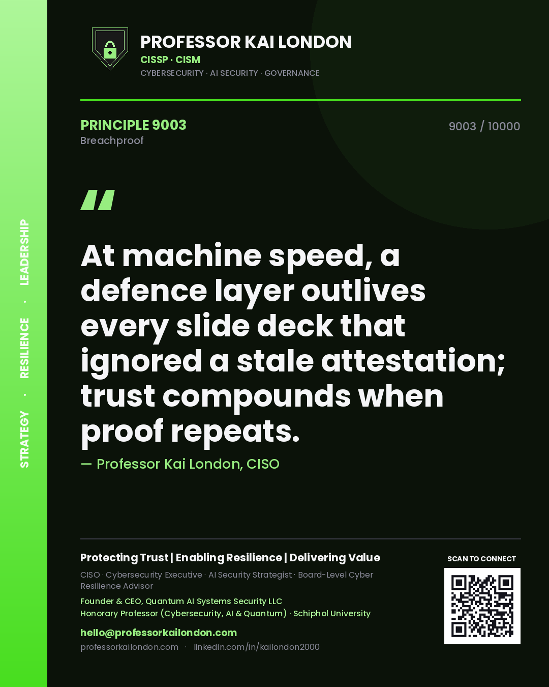Quote card by Professor Kai London reading 'At machine speed, a defence layer outlives every slide deck that ignored a stale attestation; trust compounds when proof repeats.'. From the book Breachproof.