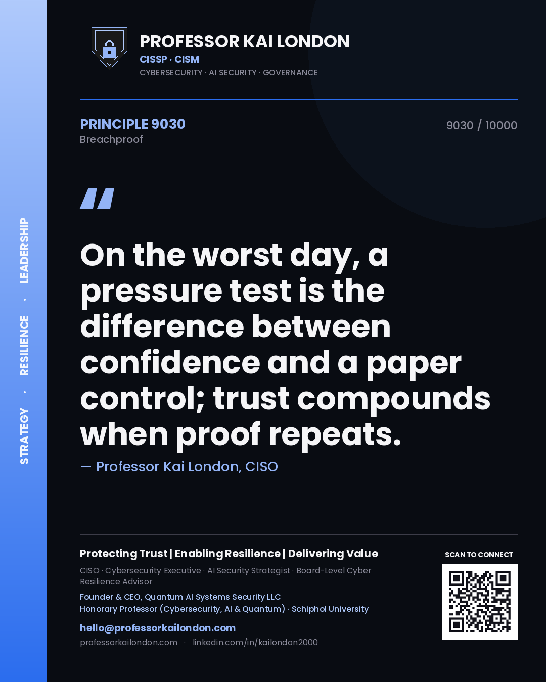Quote card by Professor Kai London reading 'On the worst day, a pressure test is the difference between confidence and a paper control; trust compounds when proof repeats.'. From the book Breachproof.