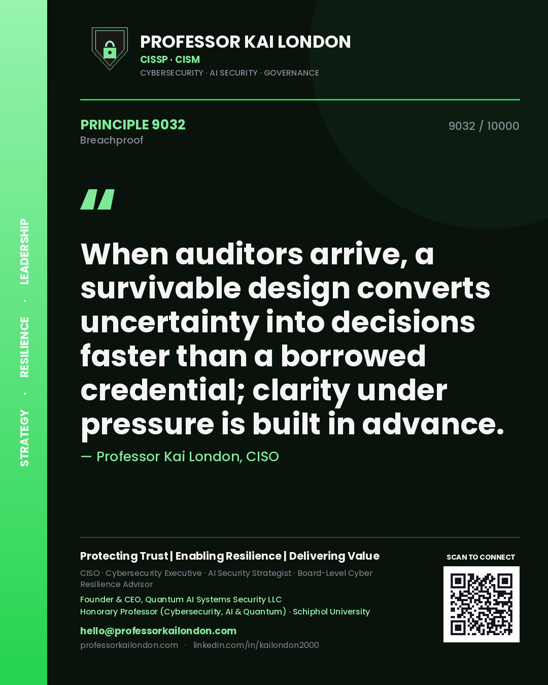 Professor Kai London principle 9032: When auditors arrive, a survivable design converts uncertainty into decisions faster than a borrowed credential; clarity under pressure is built in advance.
