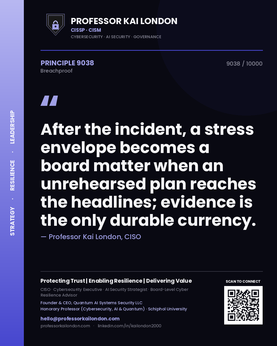 Quote card by Professor Kai London reading 'After the incident, a stress envelope becomes a board matter when an unrehearsed plan reaches the headlines; evidence is the only durable currency.'. From the book Breachproof.