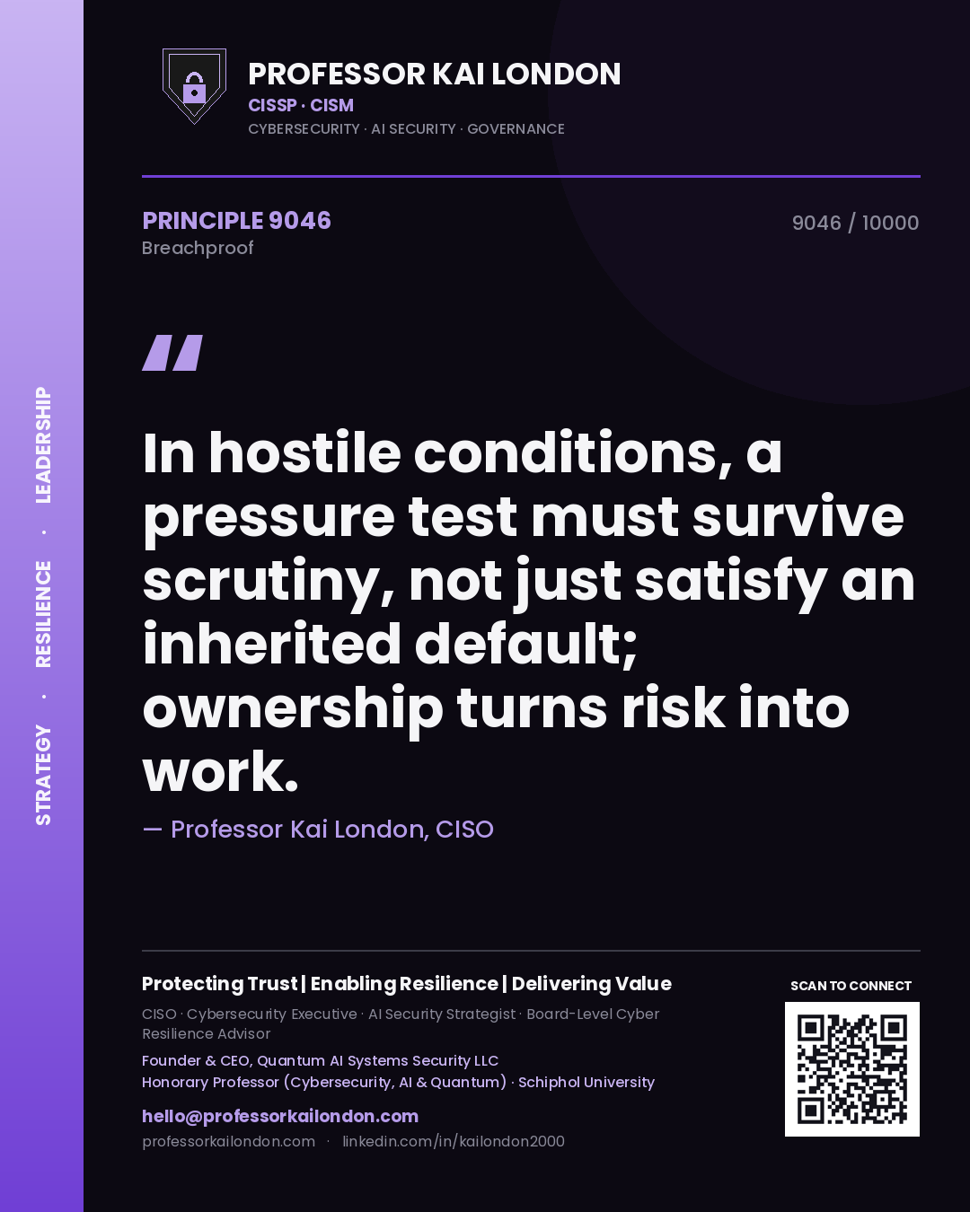 Quote card by Professor Kai London reading 'In hostile conditions, a pressure test must survive scrutiny, not just satisfy an inherited default; ownership turns risk into work.'. From the book Breachproof.