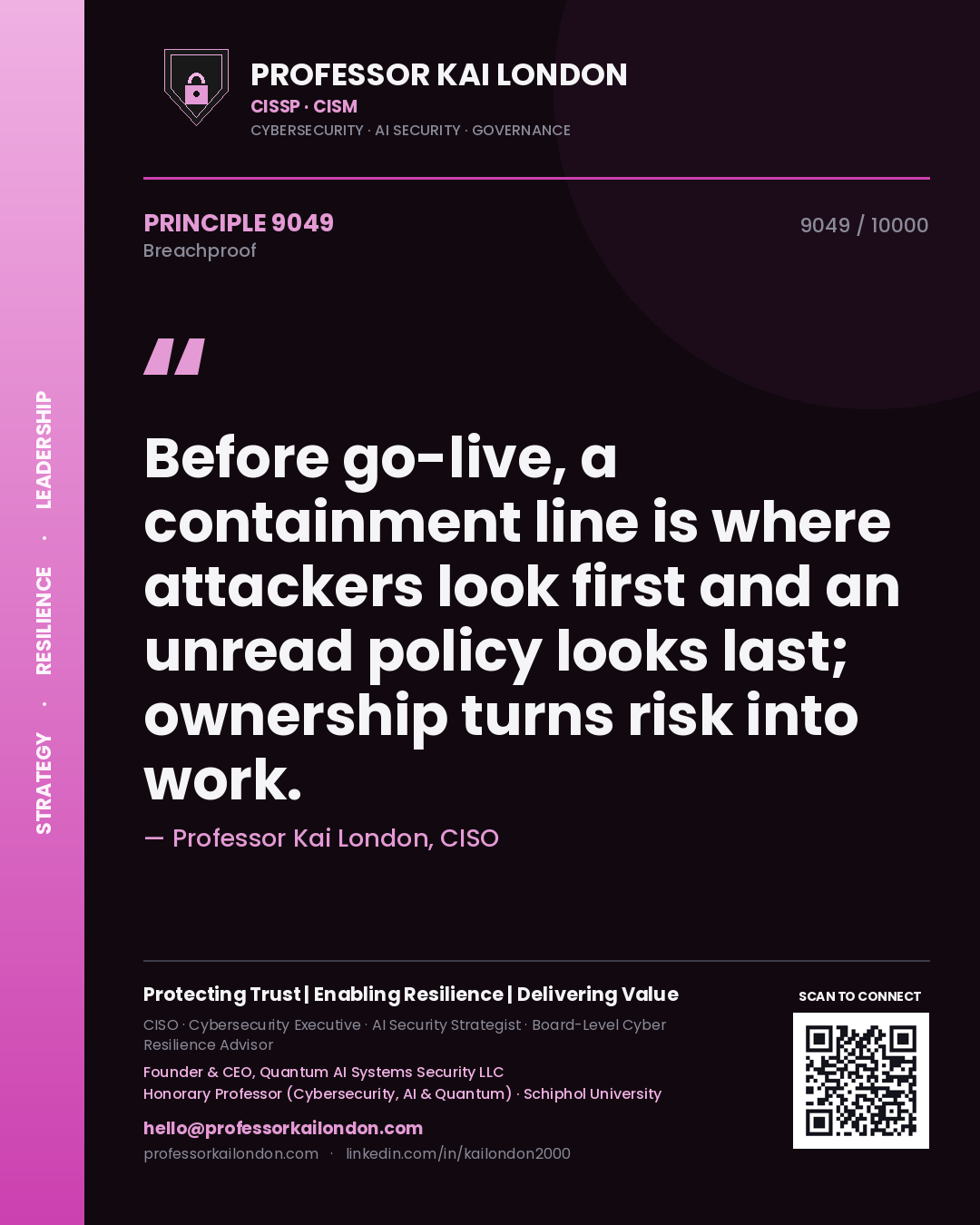 Quote card by Professor Kai London reading 'Before go-live, a containment line is where attackers look first and an unread policy looks last; ownership turns risk into work.'. From the book Breachproof.