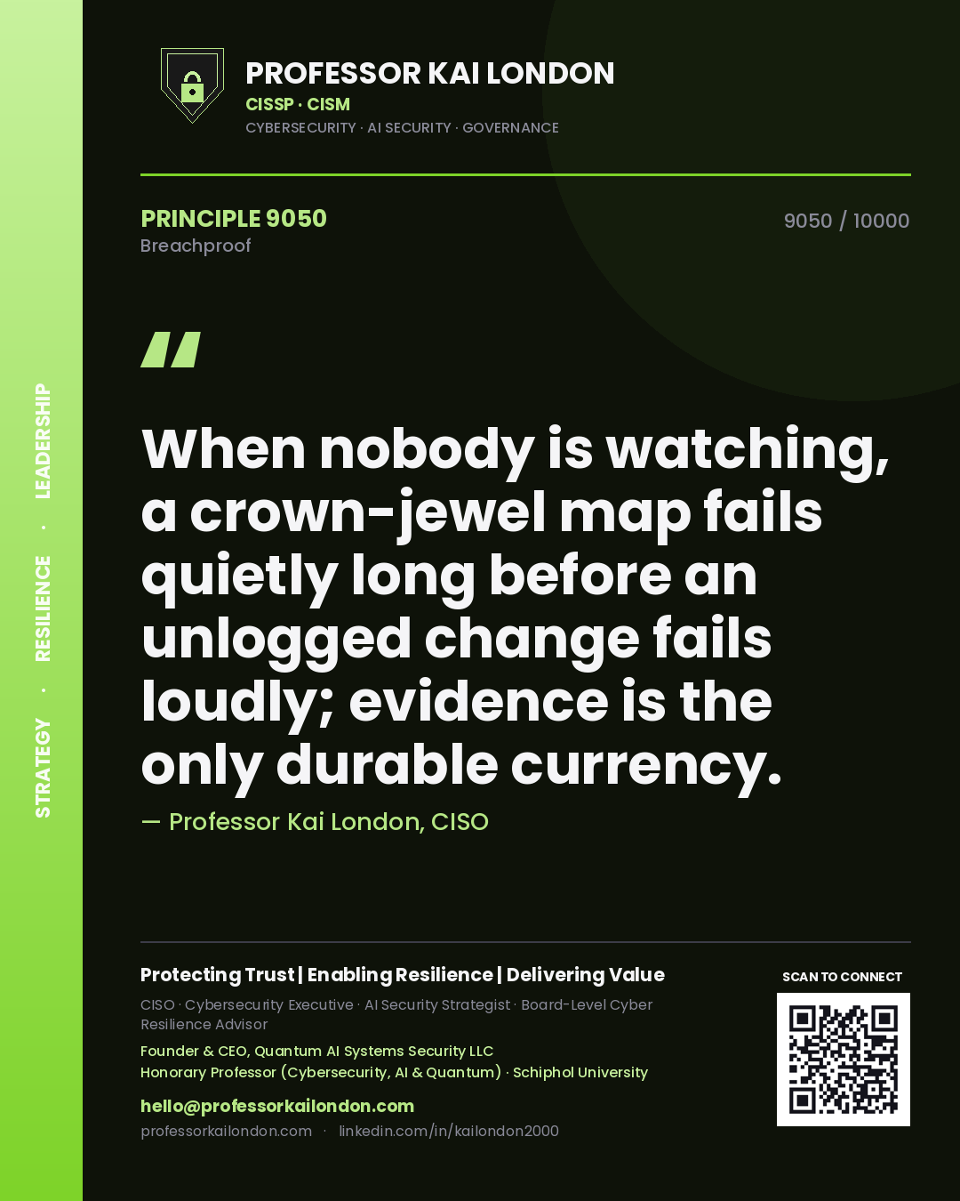 Quote card by Professor Kai London reading 'When nobody is watching, a crown-jewel map fails quietly long before an unlogged change fails loudly; evidence is the only durable currency.'. From the book Breachproof.
