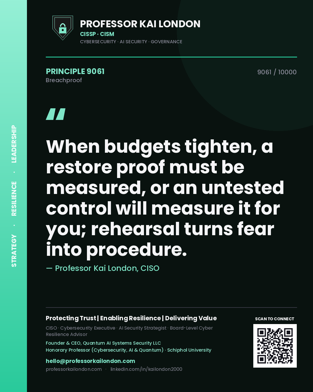 Professor Kai London principle 9061: When budgets tighten, a restore proof must be measured, or an untested control will measure it for you; rehearsal turns fear into procedure.