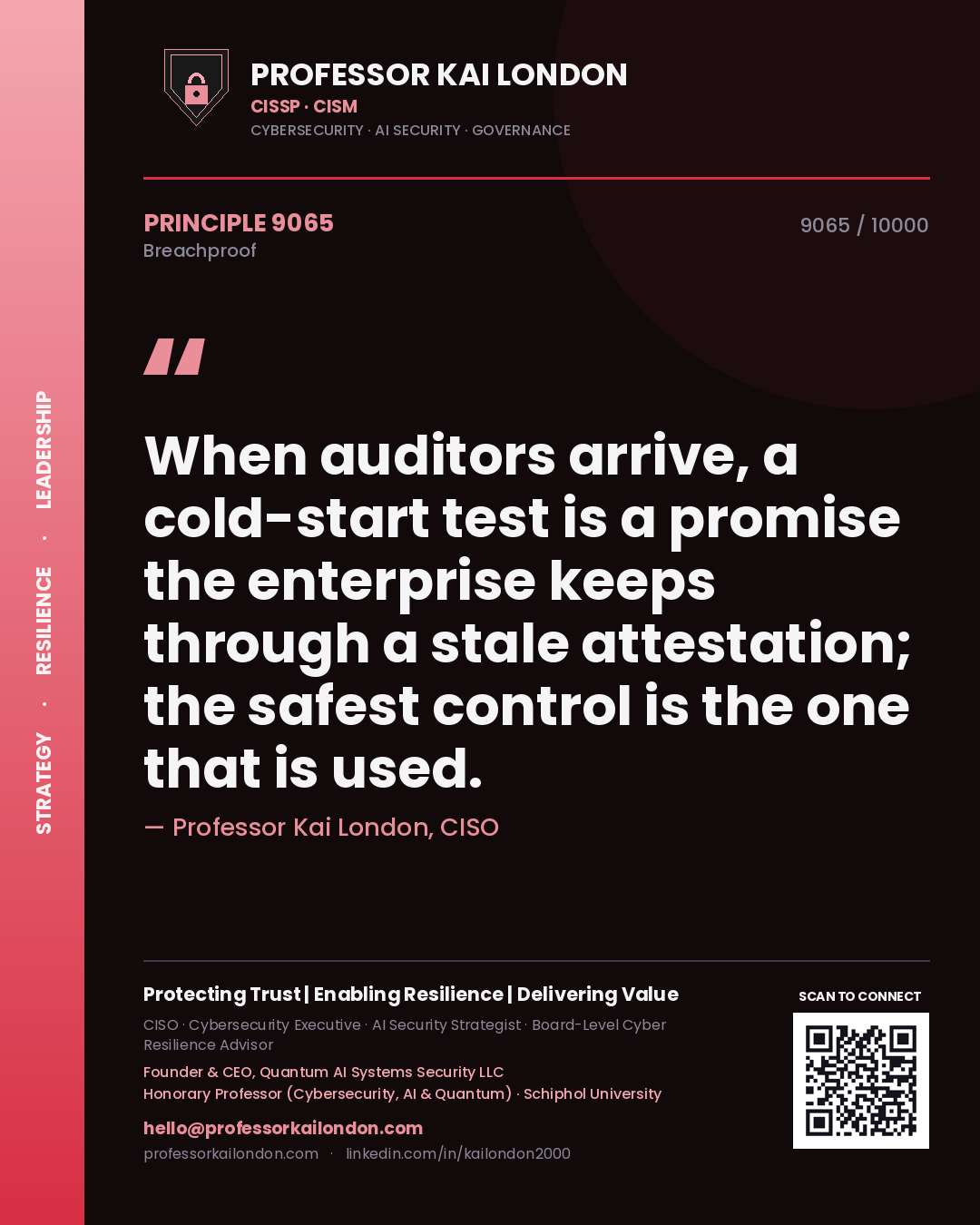 Quote card by Professor Kai London reading 'When auditors arrive, a cold-start test is a promise the enterprise keeps through a stale attestation; the safest control is the one that is used.'. From the book Breachproof.