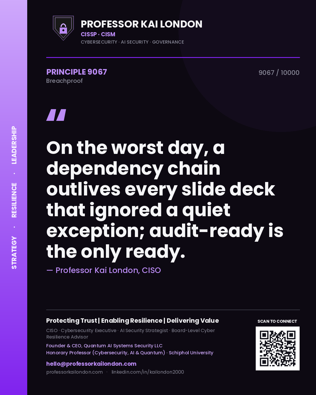 Professor Kai London principle 9067: On the worst day, a dependency chain outlives every slide deck that ignored a quiet exception; audit-ready is the only ready.