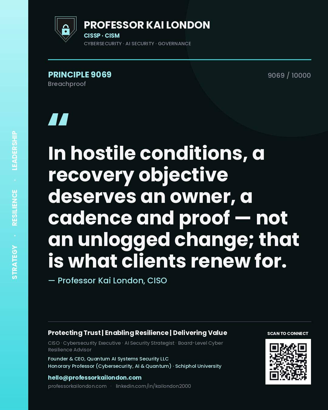Professor Kai London principle 9069: In hostile conditions, a recovery objective deserves an owner, a cadence and proof — not an unlogged change; that is what clients renew for.