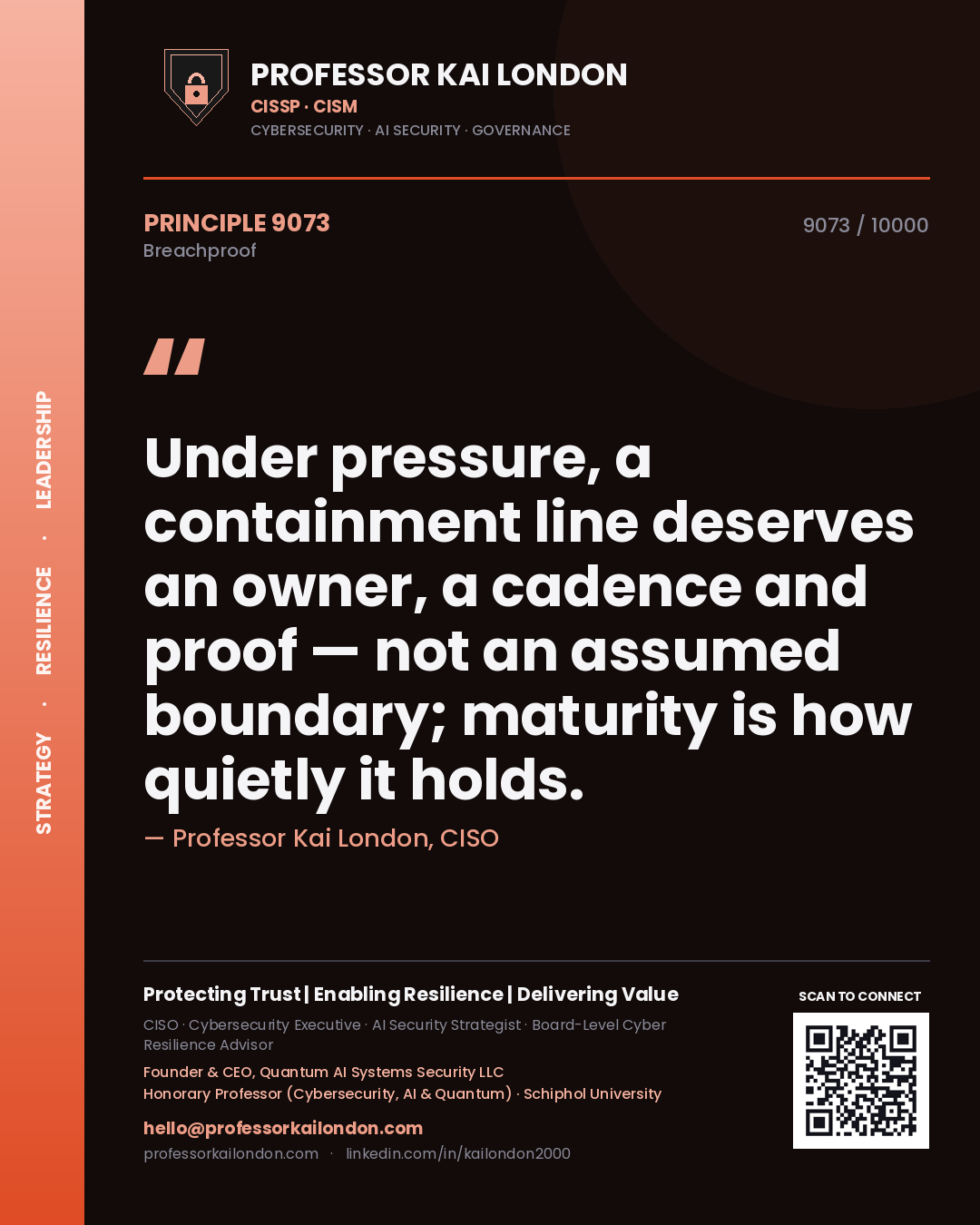 Quote card by Professor Kai London reading 'Under pressure, a containment line deserves an owner, a cadence and proof — not an assumed boundary; maturity is how quietly it holds.'. From the book Breachproof.