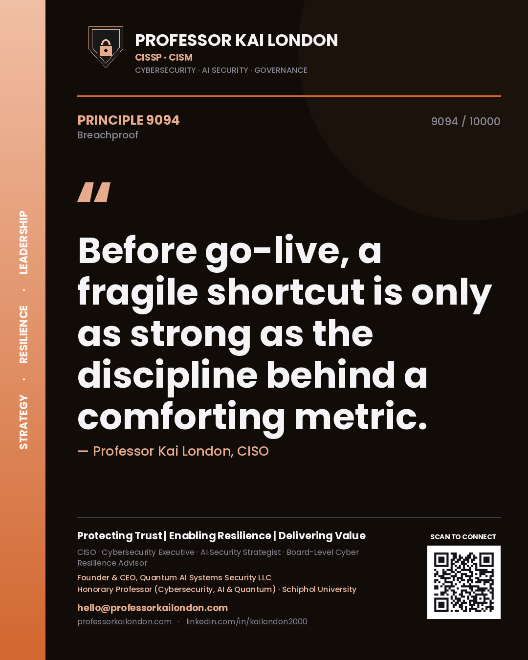 Quote card by Professor Kai London reading 'Before go-live, a fragile shortcut is only as strong as the discipline behind a comforting metric.'. From the book Breachproof.
