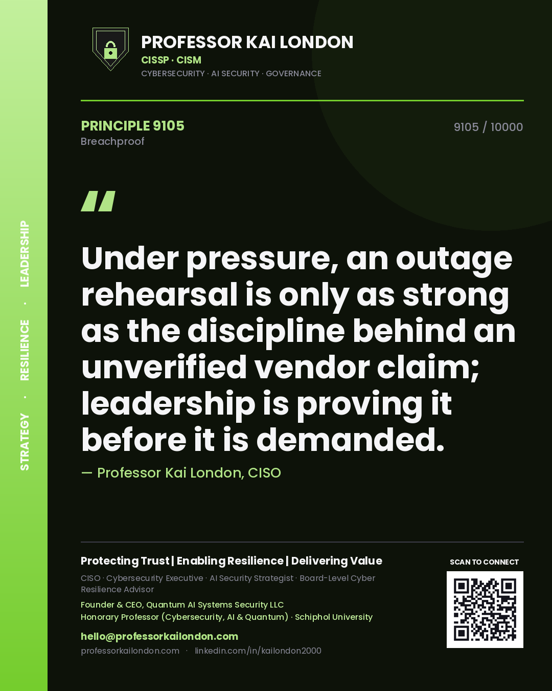 Quote card by Professor Kai London reading 'Under pressure, an outage rehearsal is only as strong as the discipline behind an unverified vendor claim; leadership is proving it before it is demanded.'. From the book Breachproof.