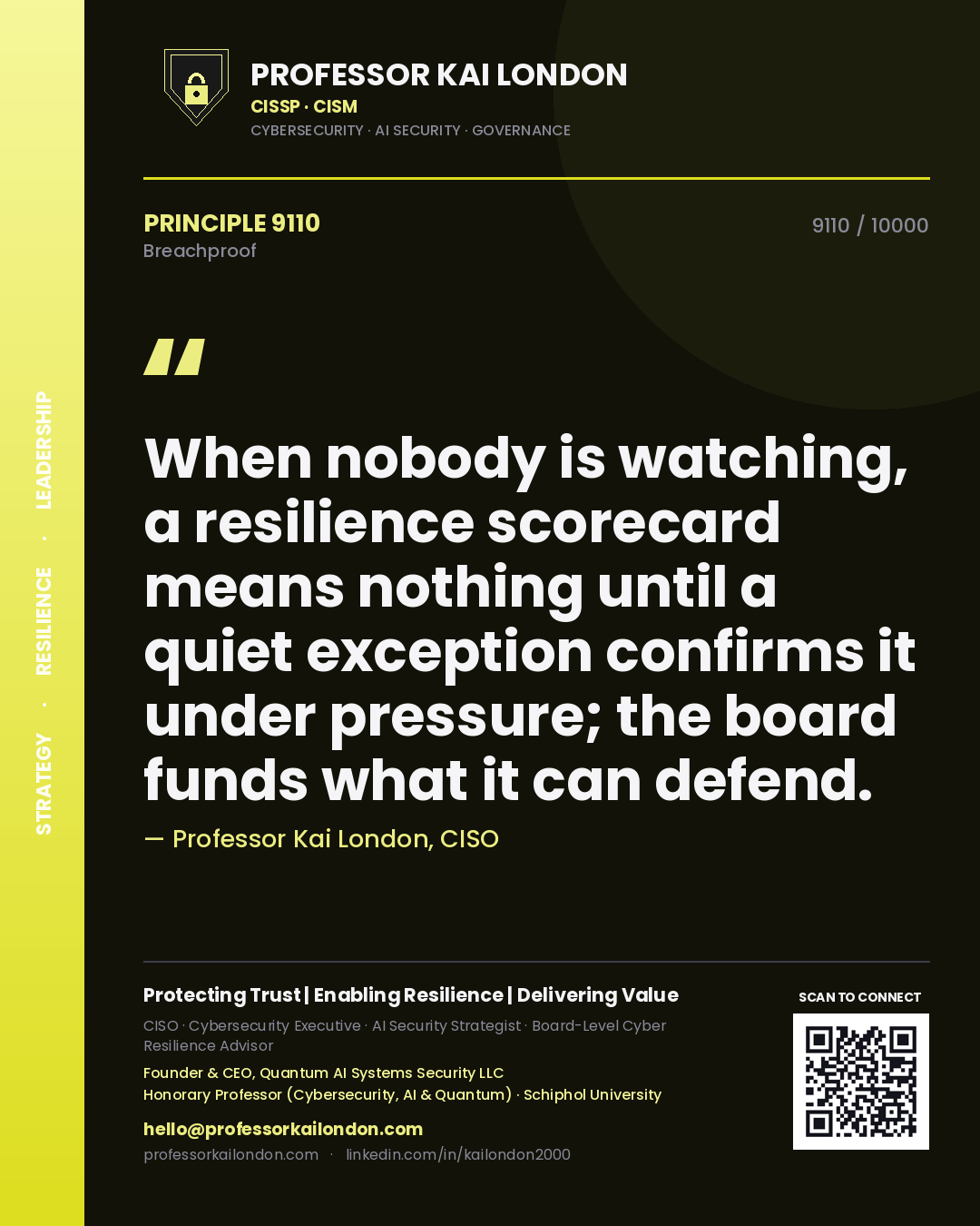 Quote card by Professor Kai London reading 'When nobody is watching, a resilience scorecard means nothing until a quiet exception confirms it under pressure; the board funds what it can defend.'. From the book Breachproof.
