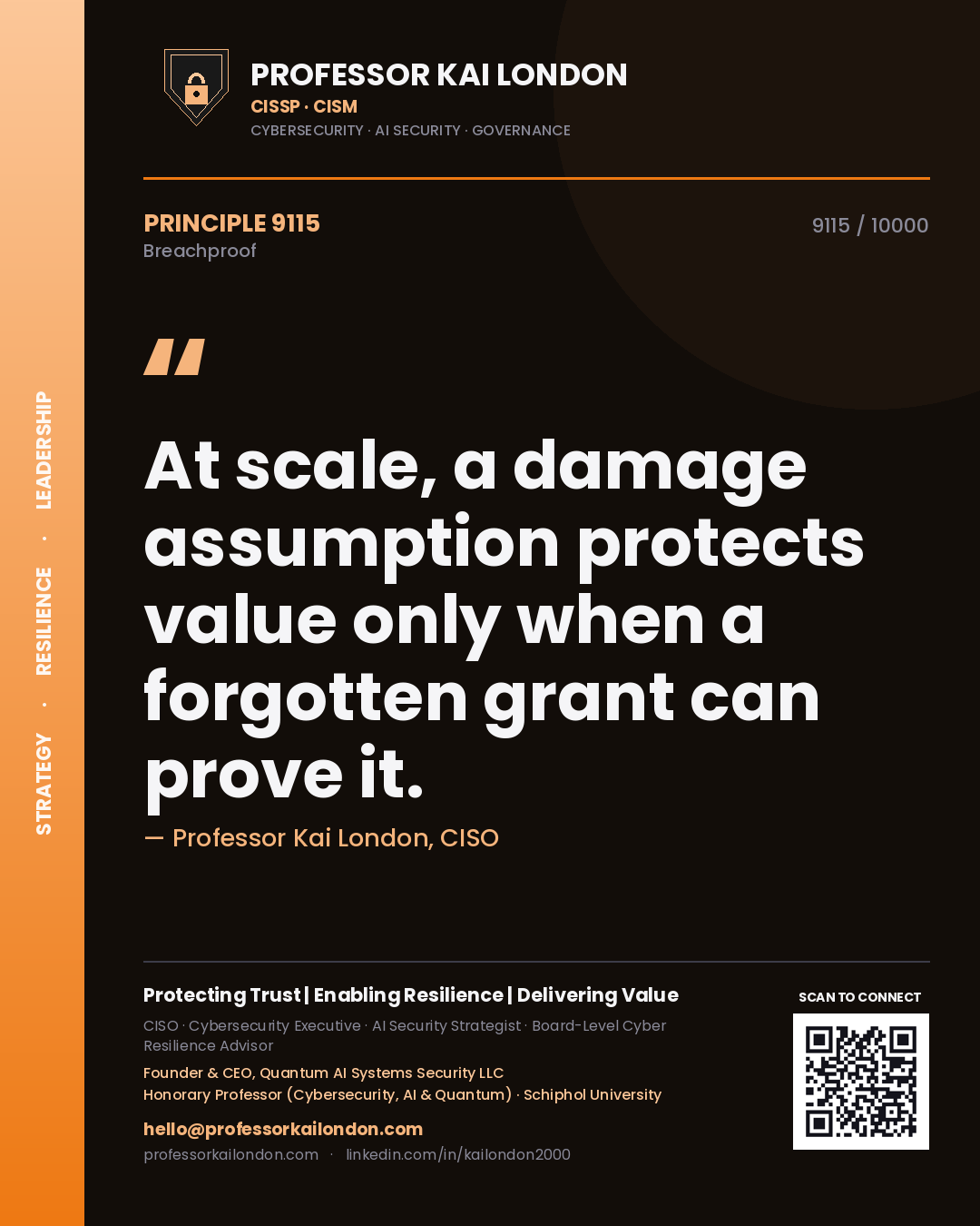 Quote card by Professor Kai London reading 'At scale, a damage assumption protects value only when a forgotten grant can prove it.'. From the book Breachproof.