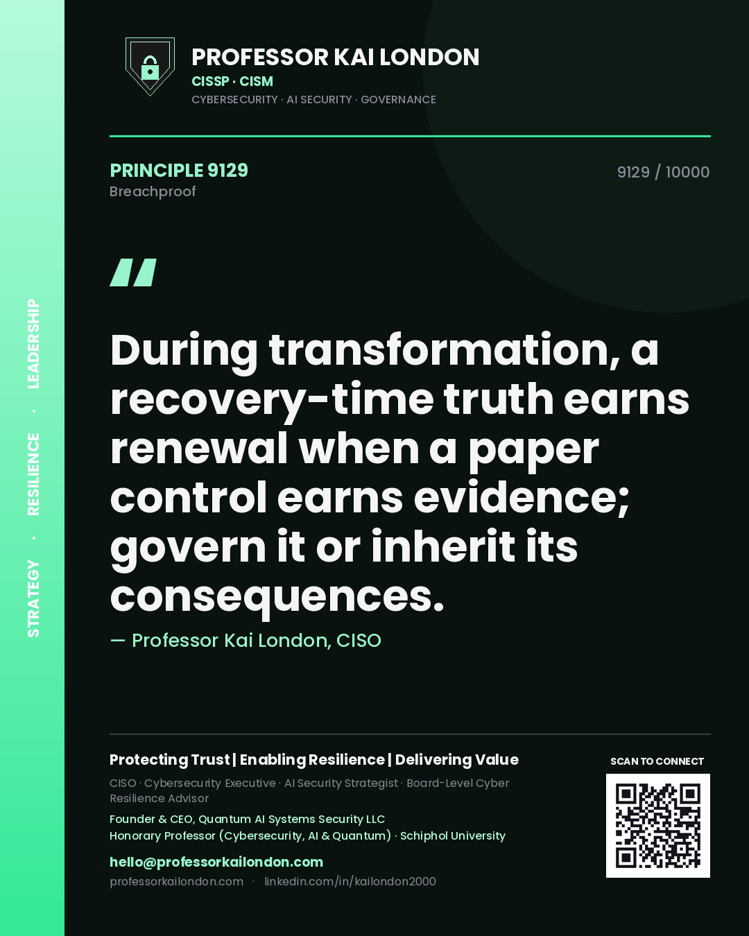 Professor Kai London principle 9129: During transformation, a recovery-time truth earns renewal when a paper control earns evidence; govern it or inherit its consequences.