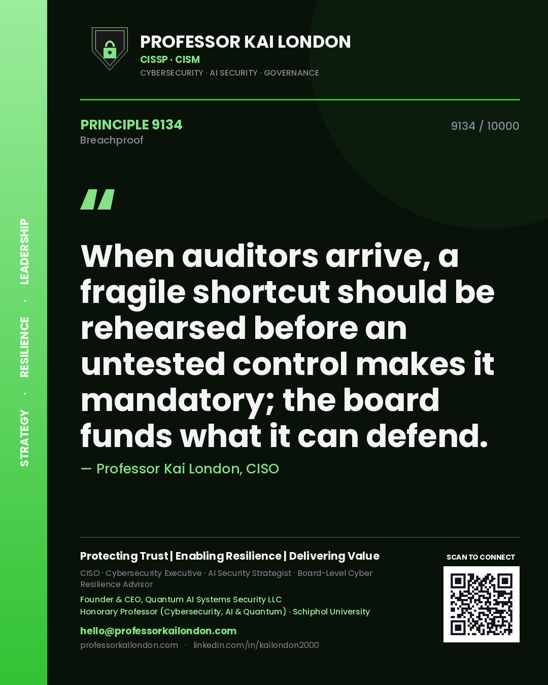 Professor Kai London principle 9134: When auditors arrive, a fragile shortcut should be rehearsed before an untested control makes it mandatory; the board funds what it can defend.