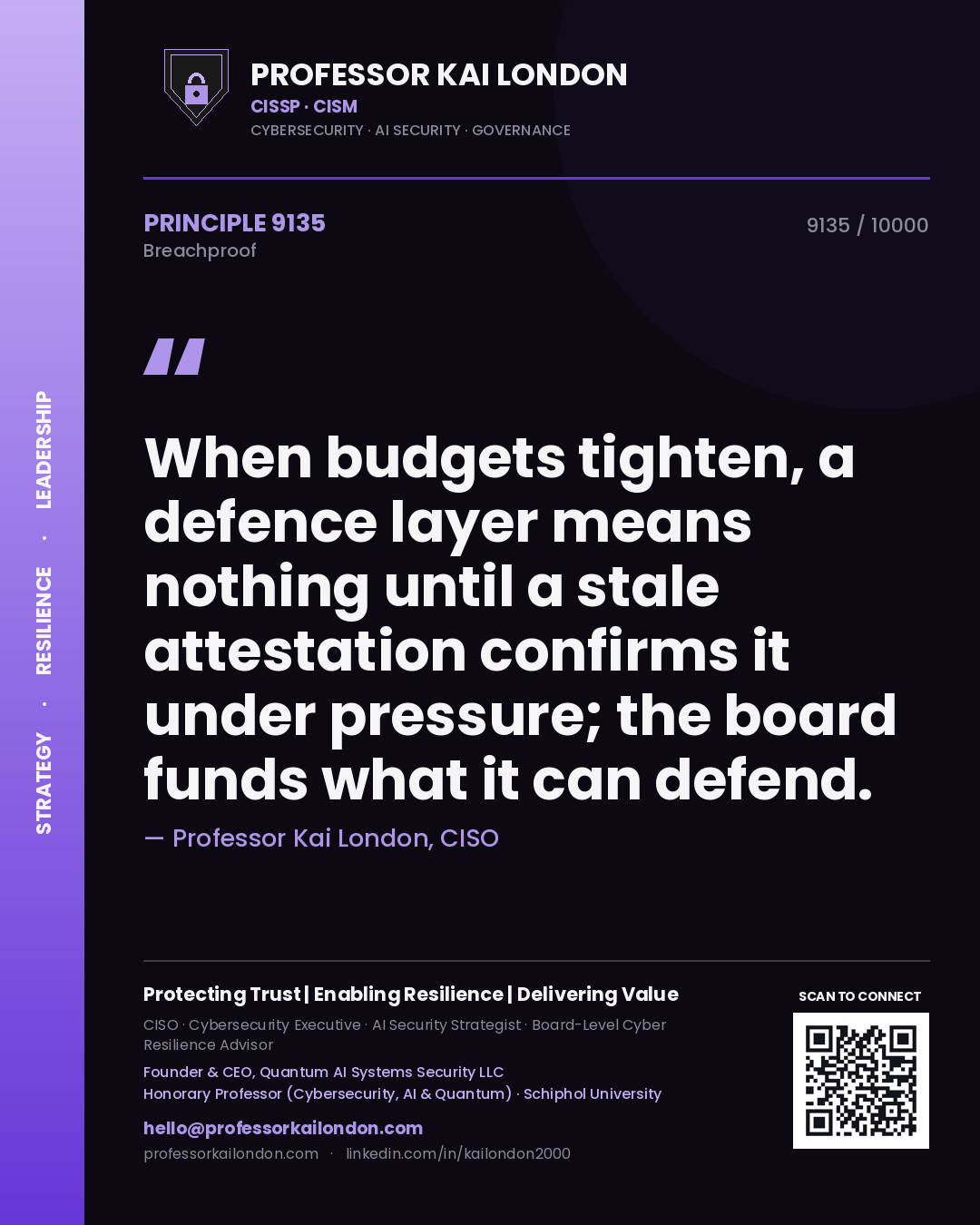 Quote card by Professor Kai London reading 'When budgets tighten, a defence layer means nothing until a stale attestation confirms it under pressure; the board funds what it can defend.'. From the book Breachproof.