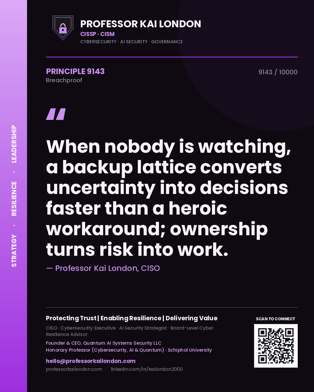Quote card by Professor Kai London reading 'When nobody is watching, a backup lattice converts uncertainty into decisions faster than a heroic workaround; ownership turns risk into work.'. From the book Breachproof.