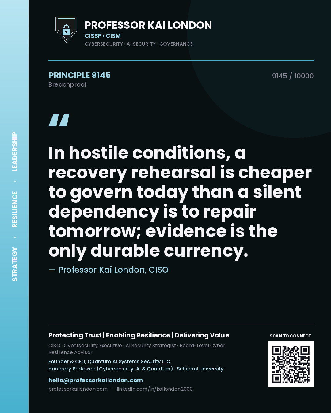 Quote card by Professor Kai London reading 'In hostile conditions, a recovery rehearsal is cheaper to govern today than a silent dependency is to repair tomorrow; evidence is the only durable currency.'. From the book Breachproof.