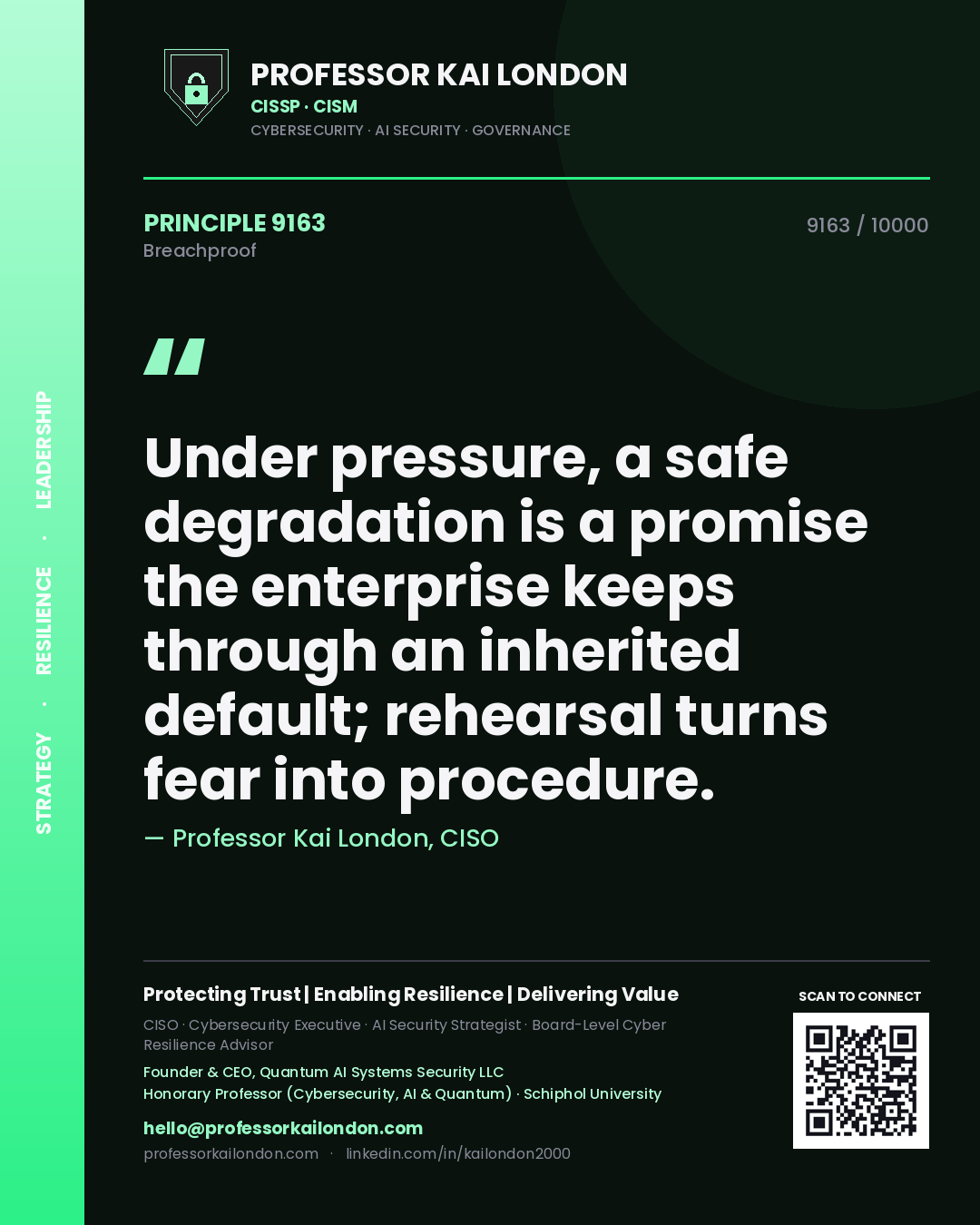 Professor Kai London principle 9163: Under pressure, a safe degradation is a promise the enterprise keeps through an inherited default; rehearsal turns fear into procedure.