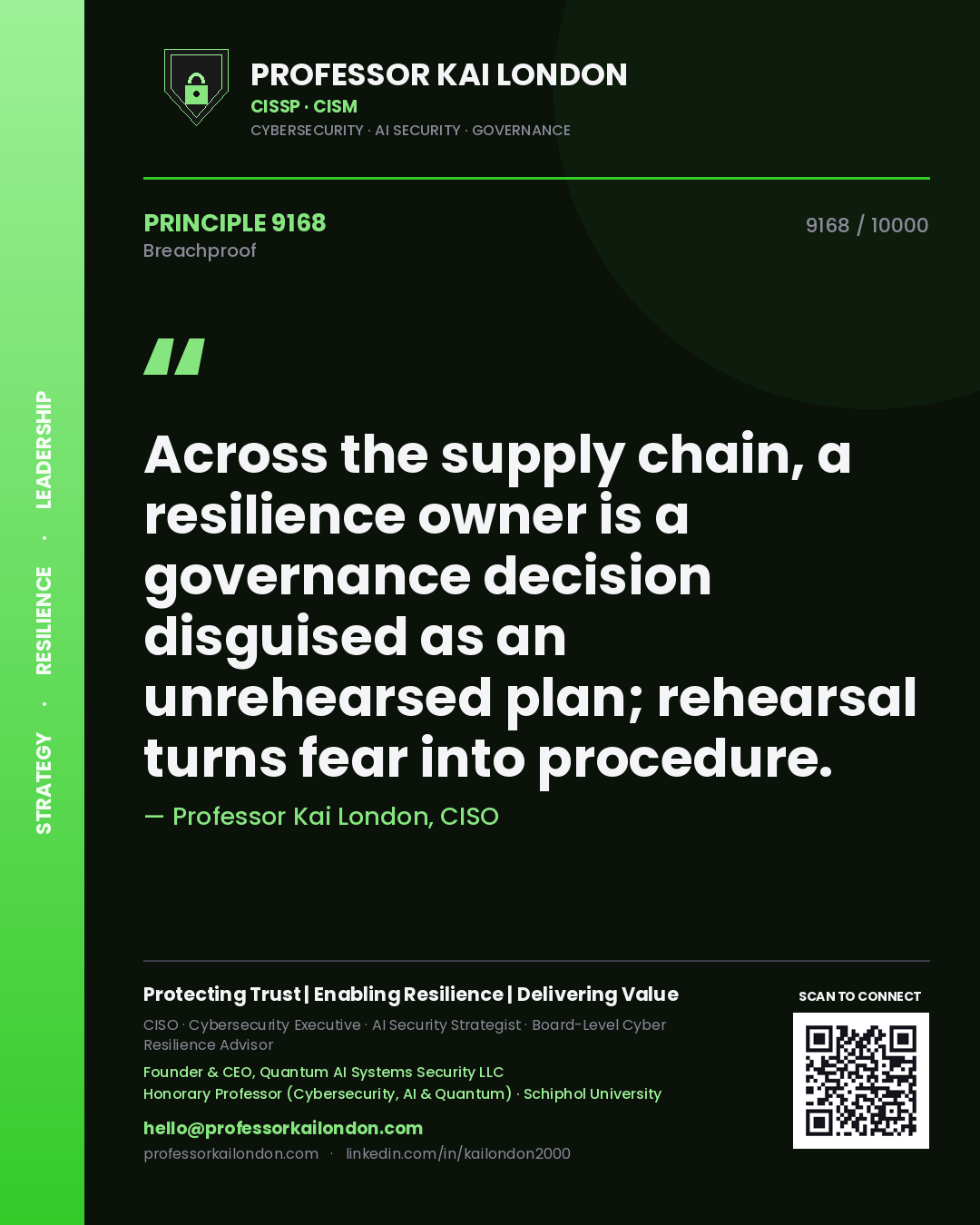 Professor Kai London principle 9168: Across the supply chain, a resilience owner is a governance decision disguised as an unrehearsed plan; rehearsal turns fear into procedure.