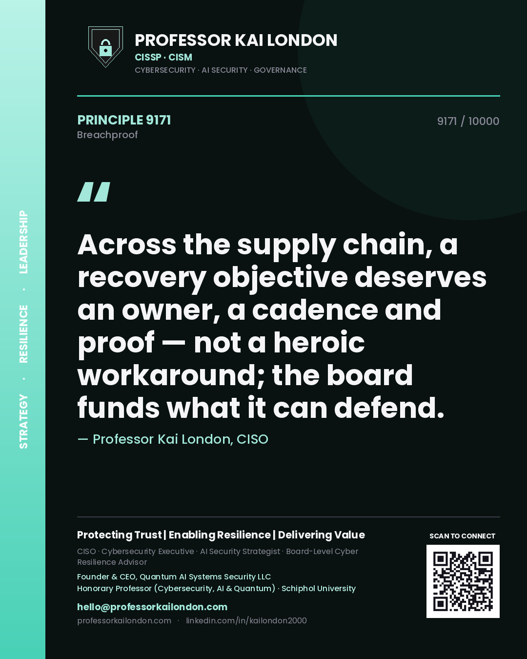 Quote card by Professor Kai London reading 'Across the supply chain, a recovery objective deserves an owner, a cadence and proof — not a heroic workaround; the board funds what it can defend.'. From the book Breachproof.
