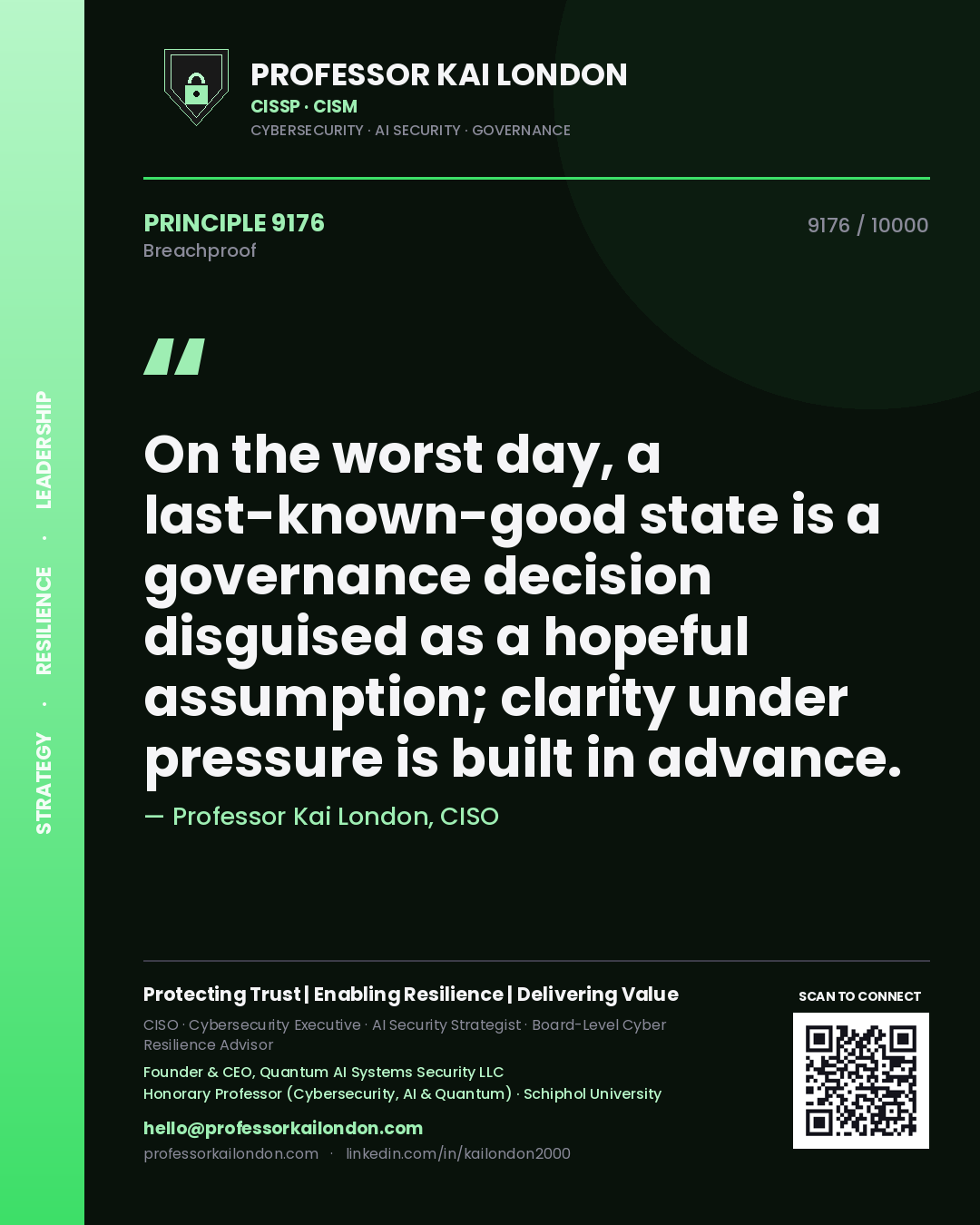 Quote card by Professor Kai London reading 'On the worst day, a last-known-good state is a governance decision disguised as a hopeful assumption; clarity under pressure is built in advance.'. From the book Breachproof.