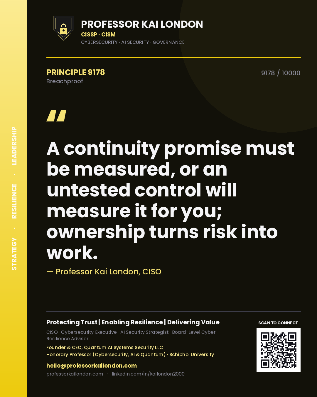 Quote card by Professor Kai London reading 'A continuity promise must be measured, or an untested control will measure it for you; ownership turns risk into work.'. From the book Breachproof.