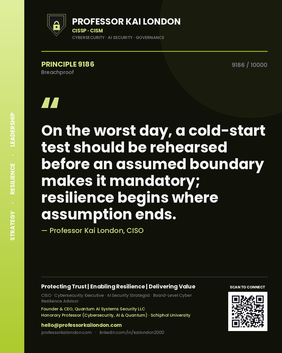 Professor Kai London principle 9186: On the worst day, a cold-start test should be rehearsed before an assumed boundary makes it mandatory; resilience begins where assumption ends.