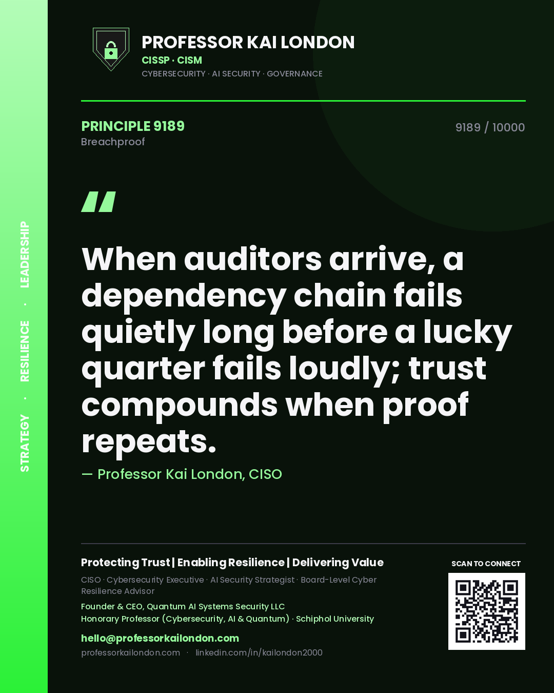 Quote card by Professor Kai London reading 'When auditors arrive, a dependency chain fails quietly long before a lucky quarter fails loudly; trust compounds when proof repeats.'. From the book Breachproof.