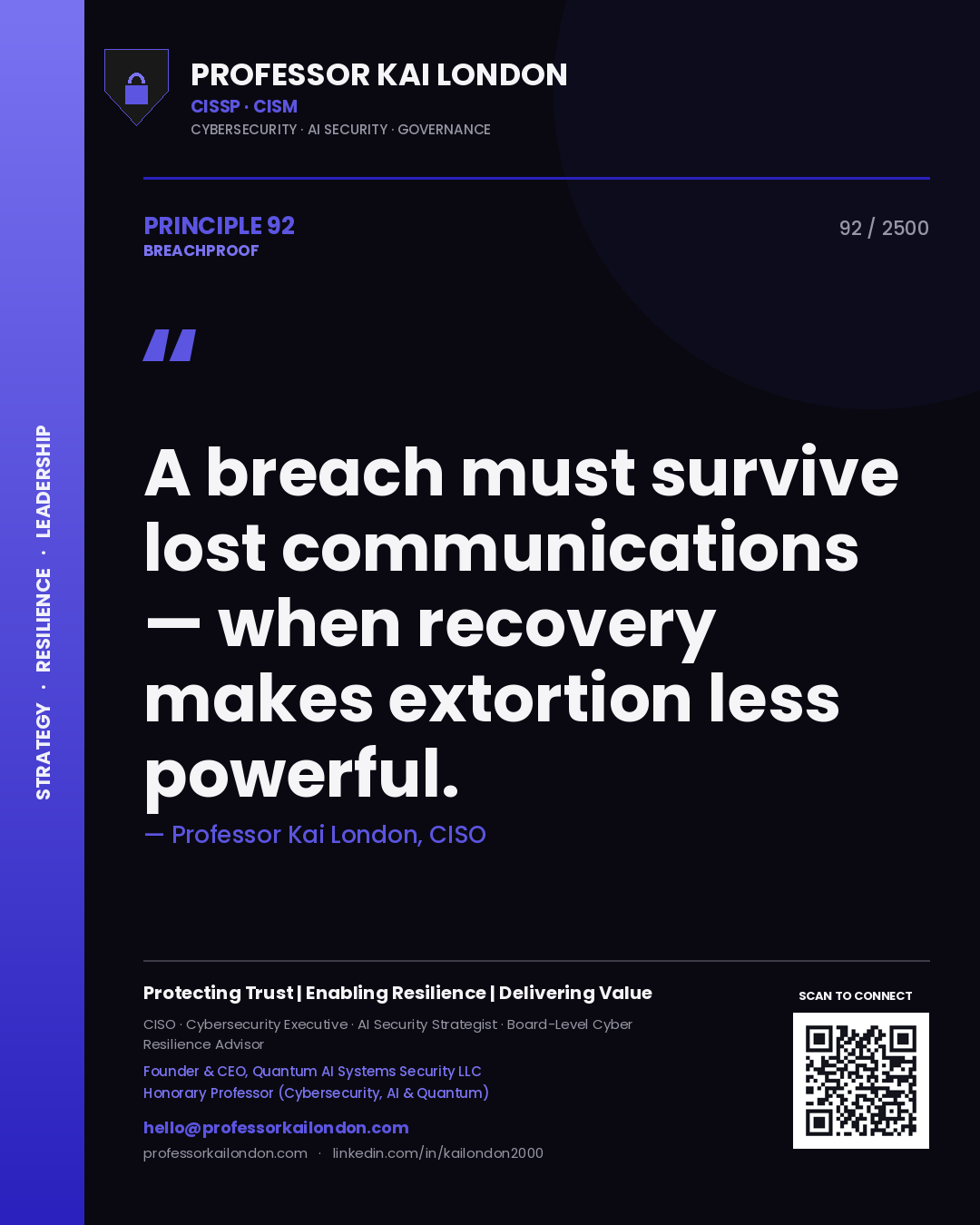 Professor Kai London principle 92: A breach must survive lost communications — when recovery makes extortion less powerful.
