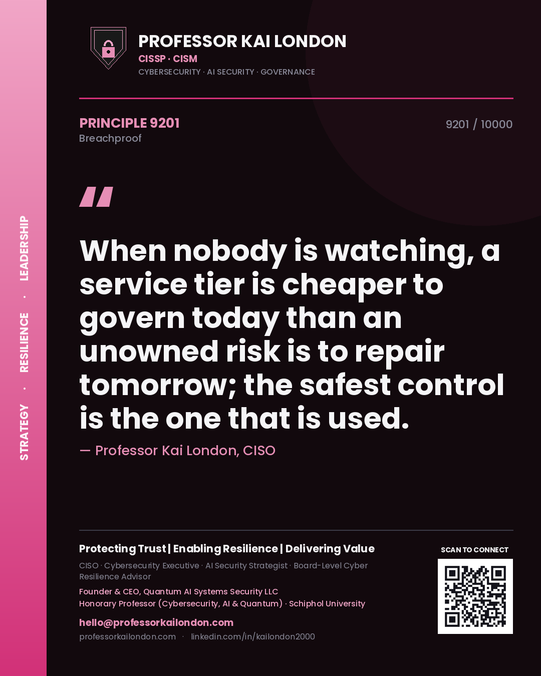 Quote card by Professor Kai London reading 'When nobody is watching, a service tier is cheaper to govern today than an unowned risk is to repair tomorrow; the safest control is the one that is used.'. From the book Breachproof.