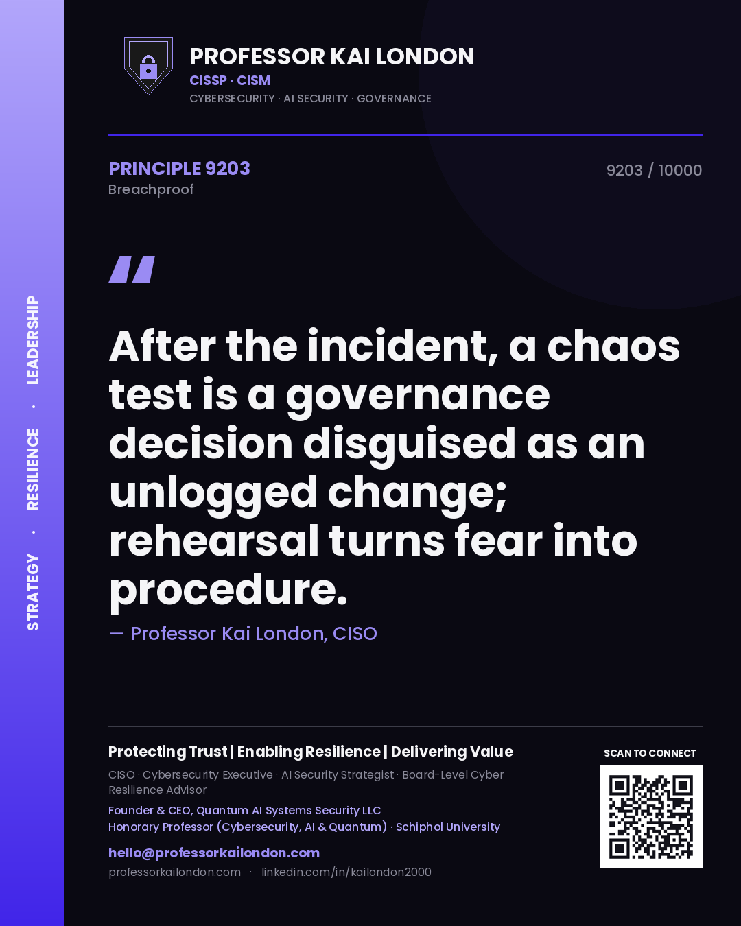Quote card by Professor Kai London reading 'After the incident, a chaos test is a governance decision disguised as an unlogged change; rehearsal turns fear into procedure.'. From the book Breachproof.