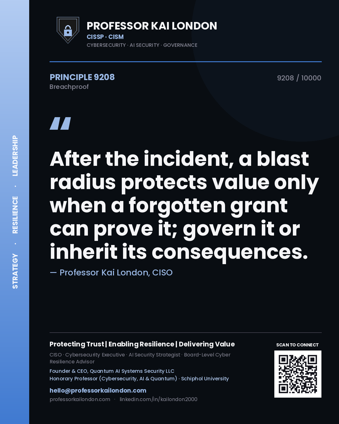 Quote card by Professor Kai London reading 'After the incident, a blast radius protects value only when a forgotten grant can prove it; govern it or inherit its consequences.'. From the book Breachproof.