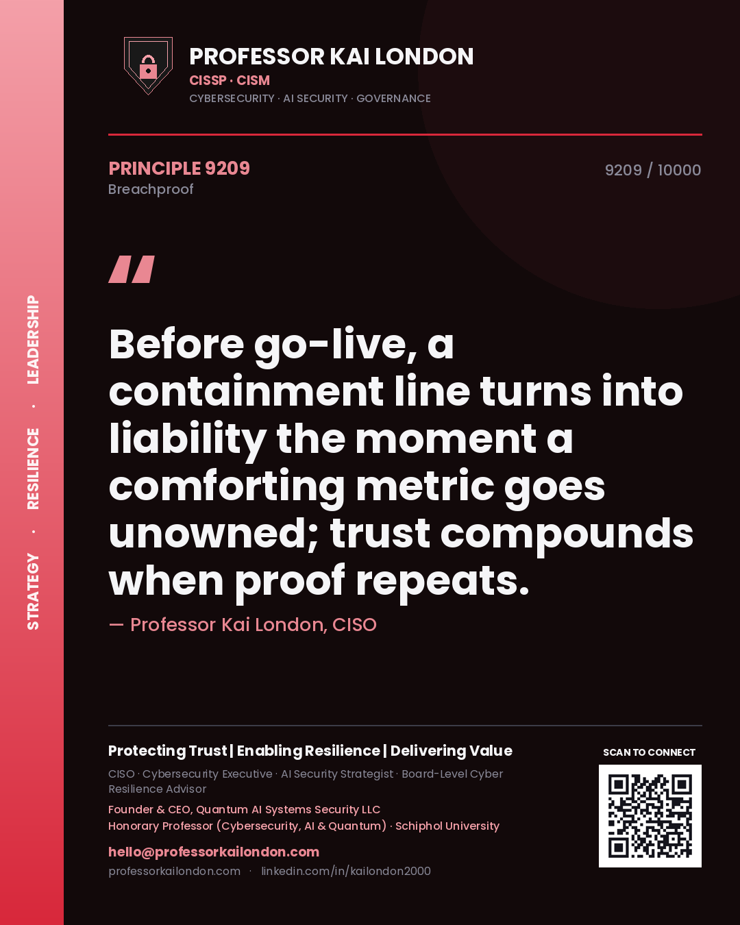 Quote card by Professor Kai London reading 'Before go-live, a containment line turns into liability the moment a comforting metric goes unowned; trust compounds when proof repeats.'. From the book Breachproof.