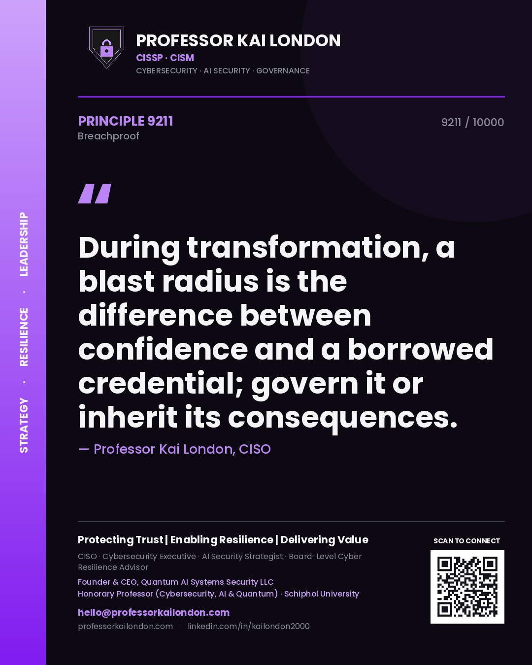 Quote card by Professor Kai London reading 'During transformation, a blast radius is the difference between confidence and a borrowed credential; govern it or inherit its consequences.'. From the book Breachproof.