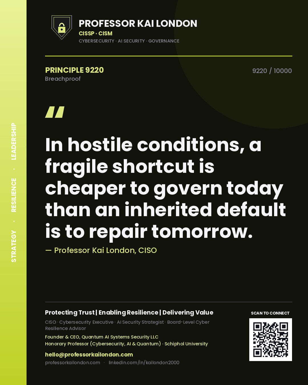 Quote card by Professor Kai London reading 'In hostile conditions, a fragile shortcut is cheaper to govern today than an inherited default is to repair tomorrow.'. From the book Breachproof.