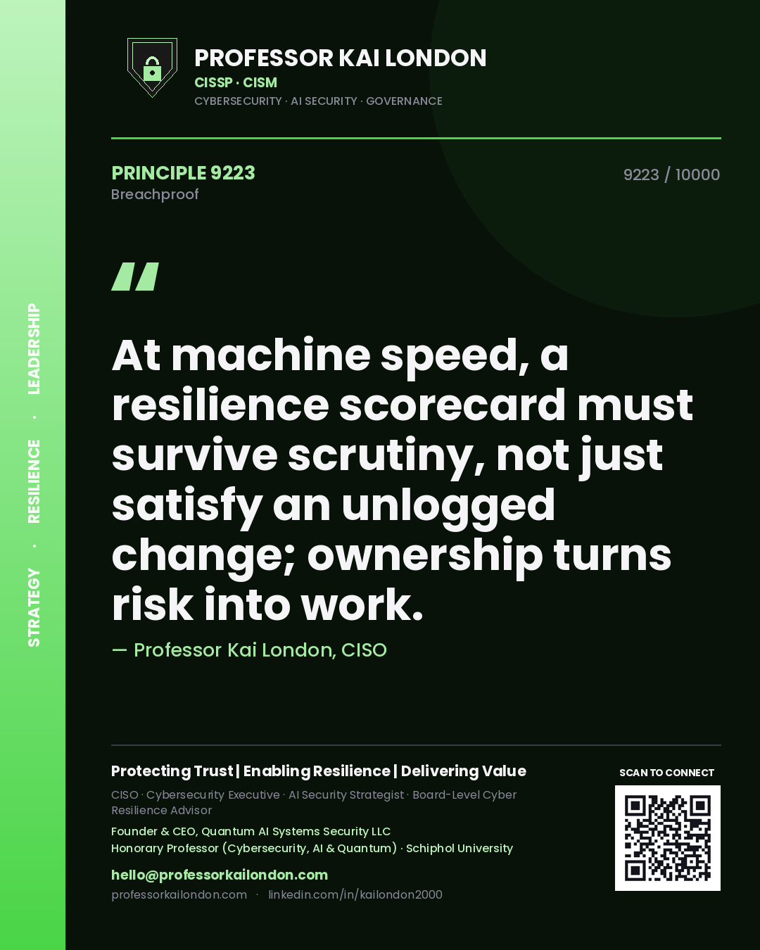 Quote card by Professor Kai London reading 'At machine speed, a resilience scorecard must survive scrutiny, not just satisfy an unlogged change; ownership turns risk into work.'. From the book Breachproof.