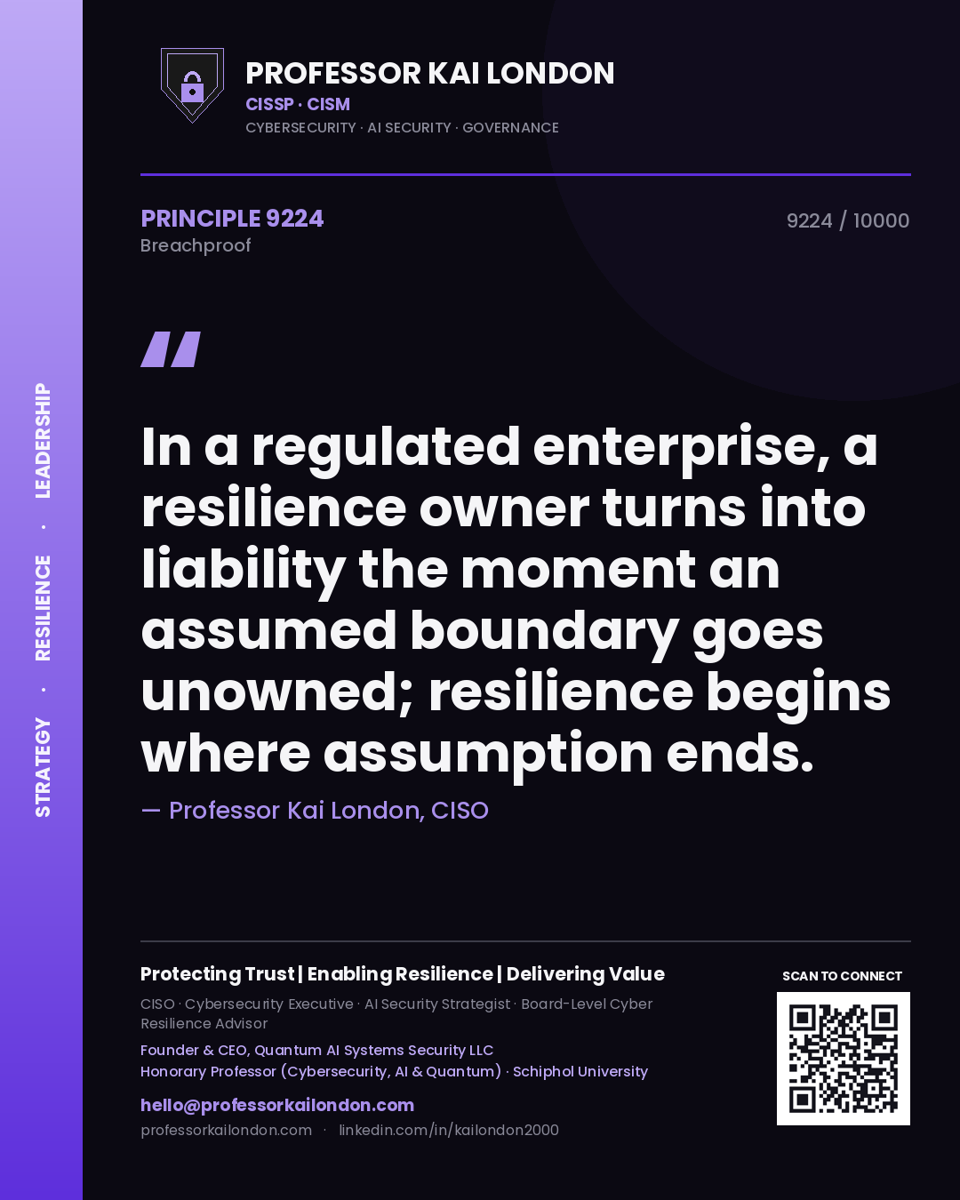 Quote card by Professor Kai London reading 'In a regulated enterprise, a resilience owner turns into liability the moment an assumed boundary goes unowned; resilience begins where assumption ends.'. From the book Breachproof.