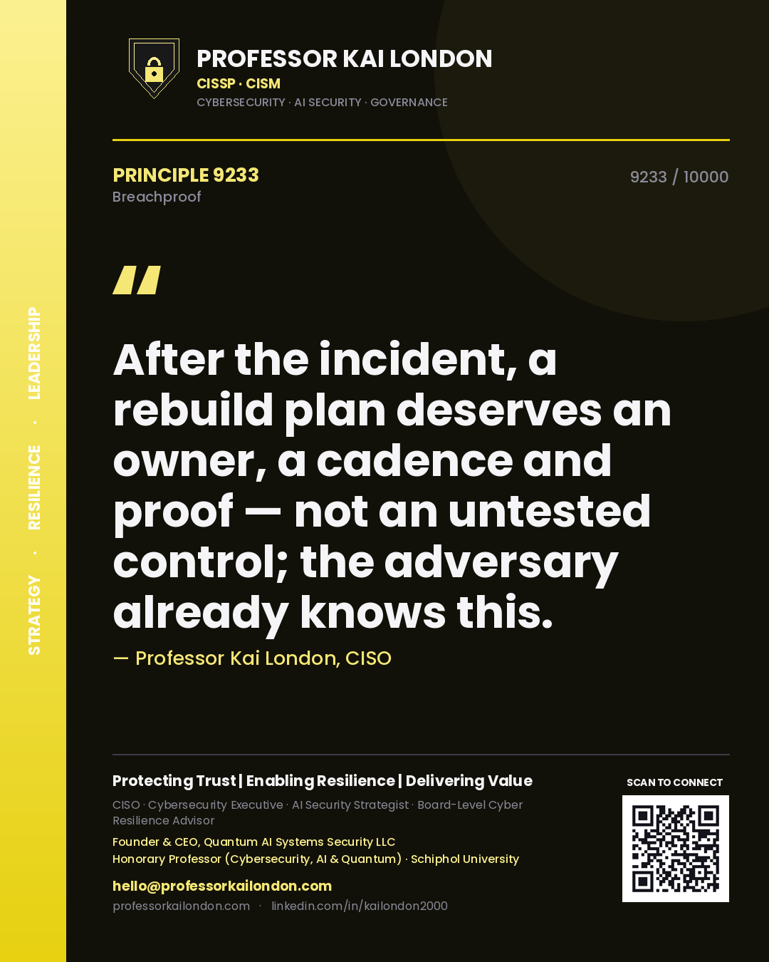 Quote card by Professor Kai London reading 'After the incident, a rebuild plan deserves an owner, a cadence and proof — not an untested control; the adversary already knows this.'. From the book Breachproof.