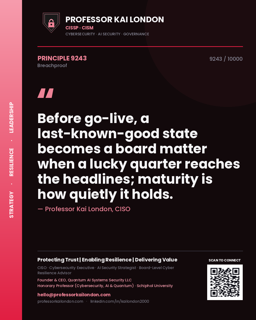 Quote card by Professor Kai London reading 'Before go-live, a last-known-good state becomes a board matter when a lucky quarter reaches the headlines; maturity is how quietly it holds.'. From the book Breachproof.