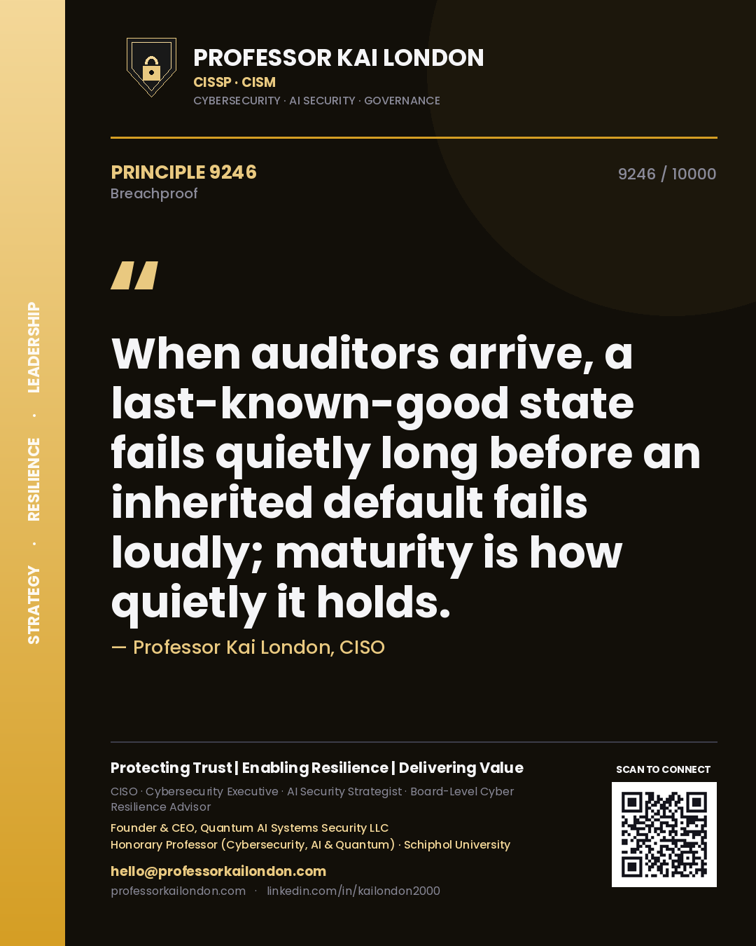 Quote card by Professor Kai London reading 'When auditors arrive, a last-known-good state fails quietly long before an inherited default fails loudly; maturity is how quietly it holds.'. From the book Breachproof.