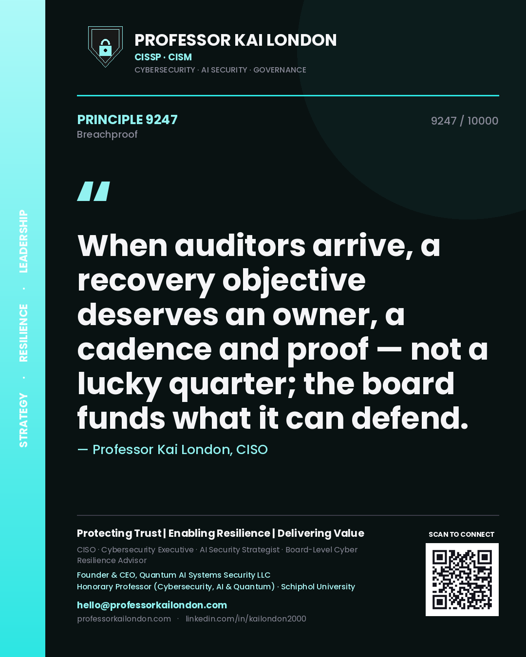 Quote card by Professor Kai London reading 'When auditors arrive, a recovery objective deserves an owner, a cadence and proof — not a lucky quarter; the board funds what it can defend.'. From the book Breachproof.