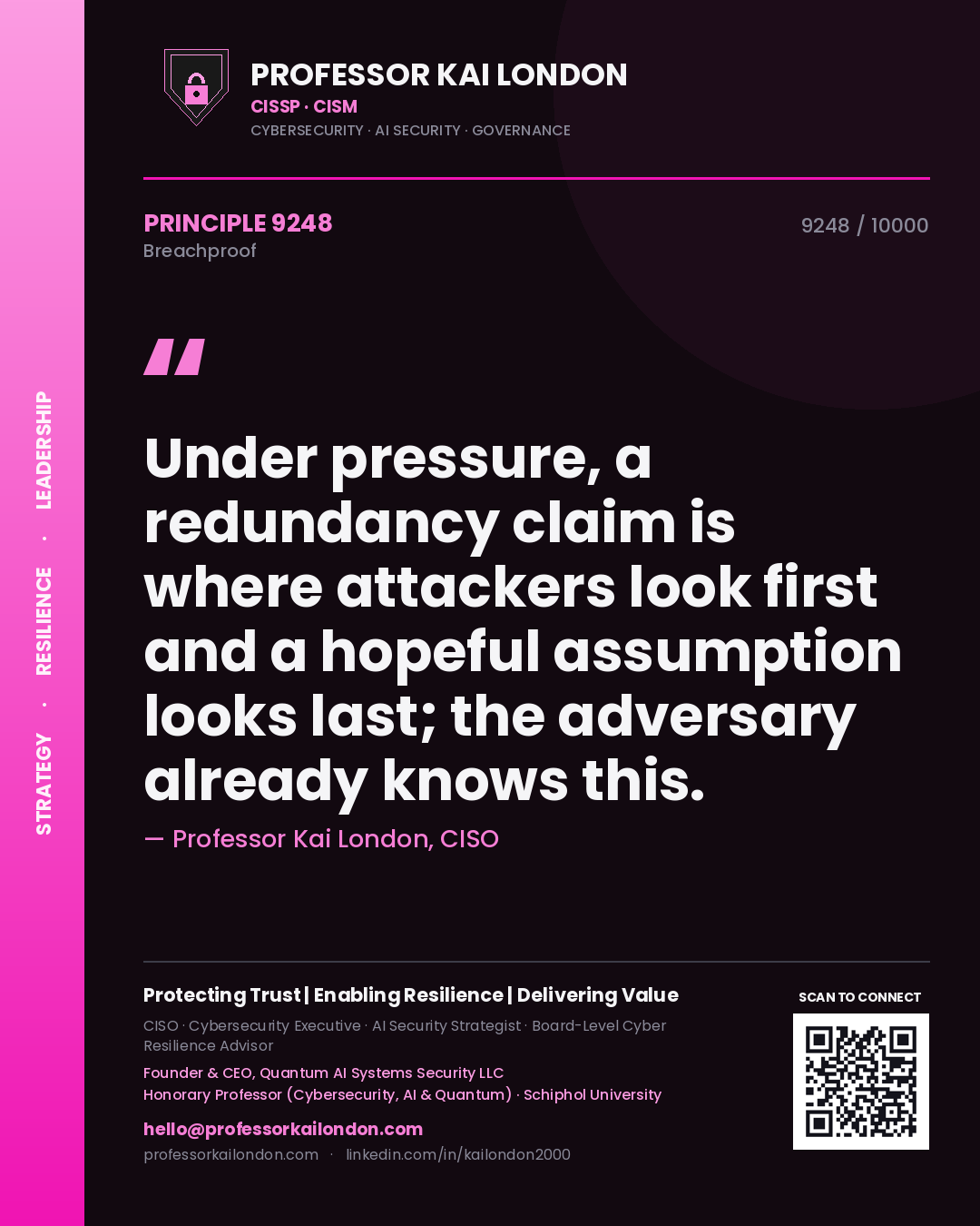 Quote card by Professor Kai London reading 'Under pressure, a redundancy claim is where attackers look first and a hopeful assumption looks last; the adversary already knows this.'. From the book Breachproof.