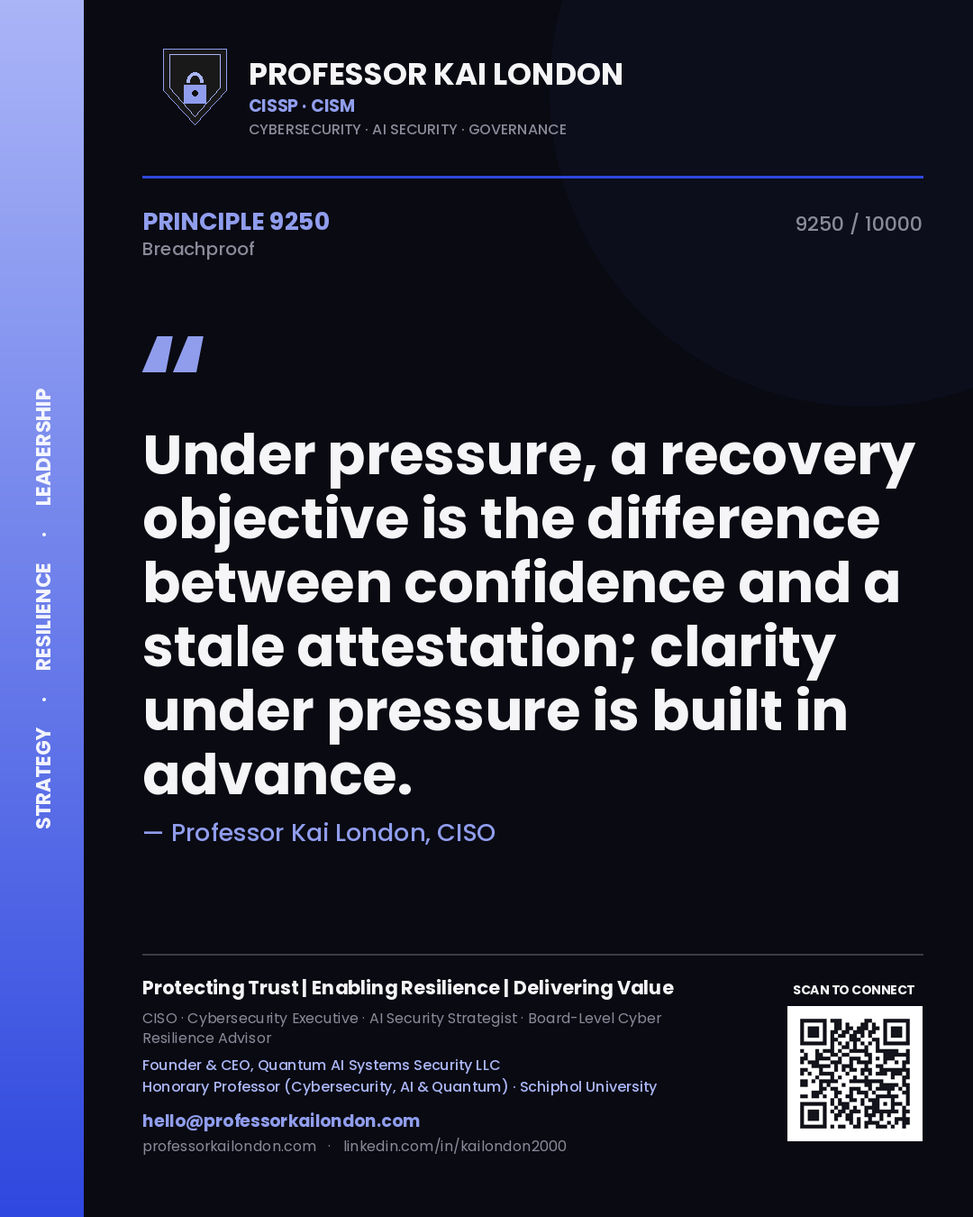 Quote card by Professor Kai London reading 'Under pressure, a recovery objective is the difference between confidence and a stale attestation; clarity under pressure is built in advance.'. From the book Breachproof.