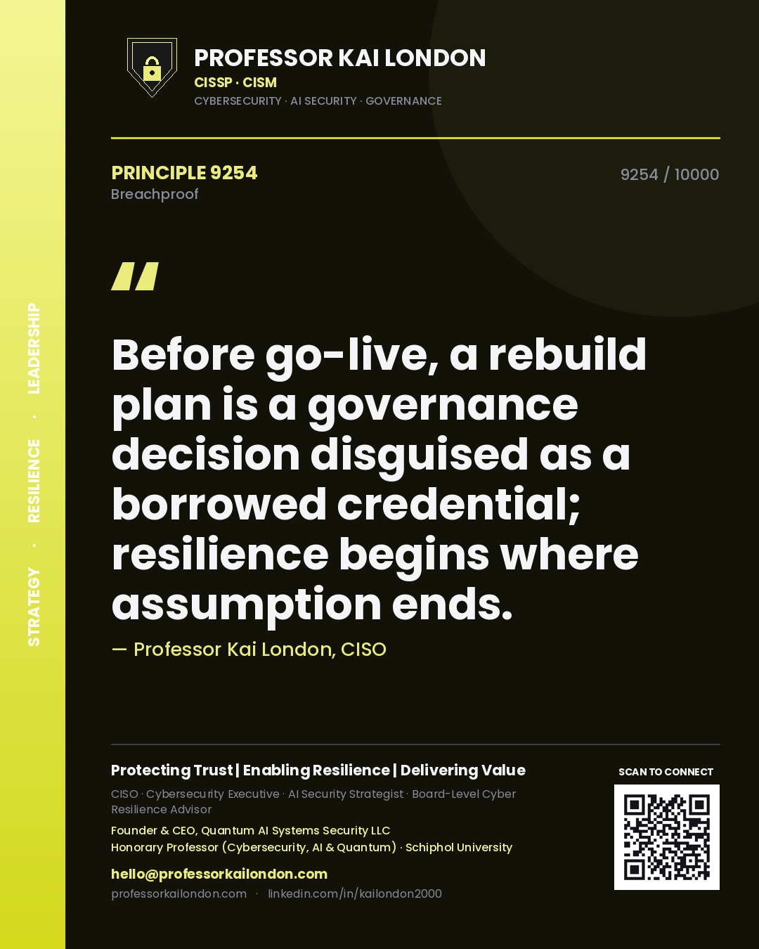 Quote card by Professor Kai London reading 'Before go-live, a rebuild plan is a governance decision disguised as a borrowed credential; resilience begins where assumption ends.'. From the book Breachproof.