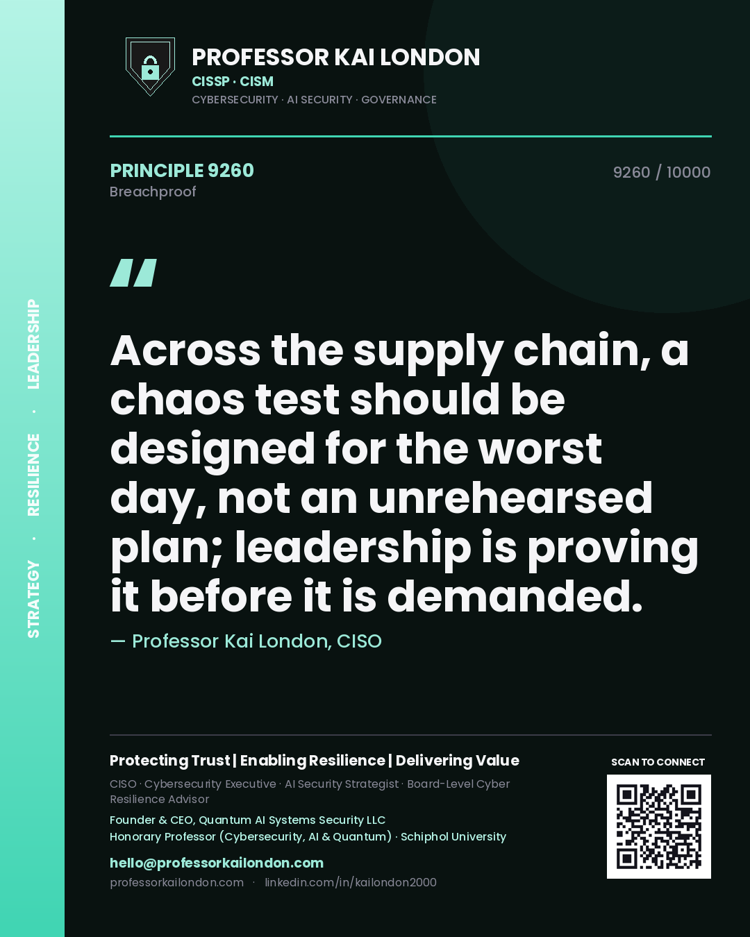 Quote card by Professor Kai London reading 'Across the supply chain, a chaos test should be designed for the worst day, not an unrehearsed plan; leadership is proving it before it is demanded.'. From the book Breachproof.